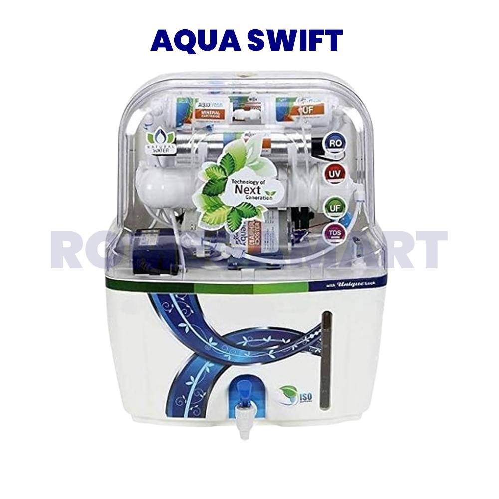 Aqua Swift RO+UV+UF+TDS+ALKLINE+COPPER+MINERAL Water Purifier 15 Liter Suitable For Domestic RO White Color Transparent Body ABS Plastic Material - GTB JI WATER SOLUTIONS