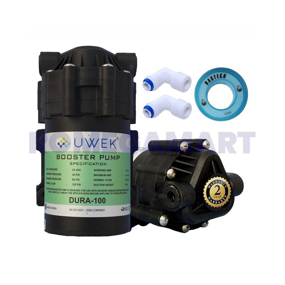 UWEK Dura 100 GPD Booster Pump Black Color With Connector And Teflon Tape Combo Pack - CO ORBITAL INDIA