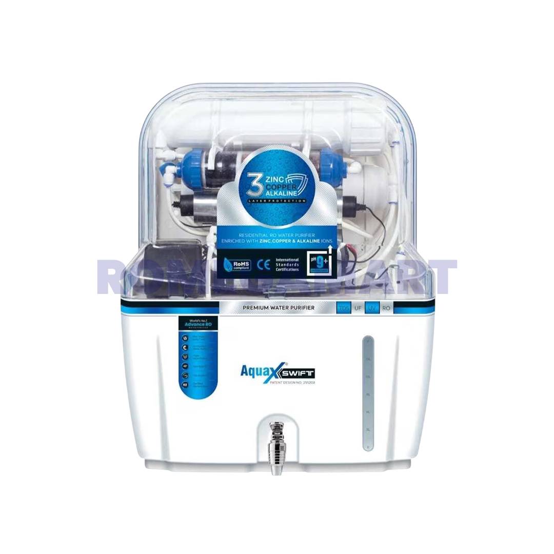 AquaX Swift Water Purifier RO+UV+UF+ZINC+COPPER+ALKALINE+TDS White Transparent Color 12 Liter Storage ABS Plastic Material Suitable For Domestic Use - Kasuti Infotech Solution