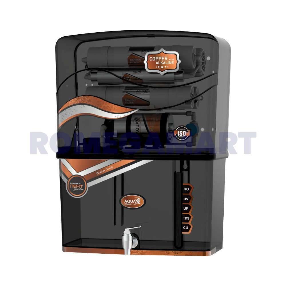 AquaX Prime 12 Liter Storage RO+UV+UF+TDS+ALKLINE+COPPER+MINERAL Black Transparent Water Purifier ABS Plastic Material - JAZZ PURE WATER SOLUTIONS