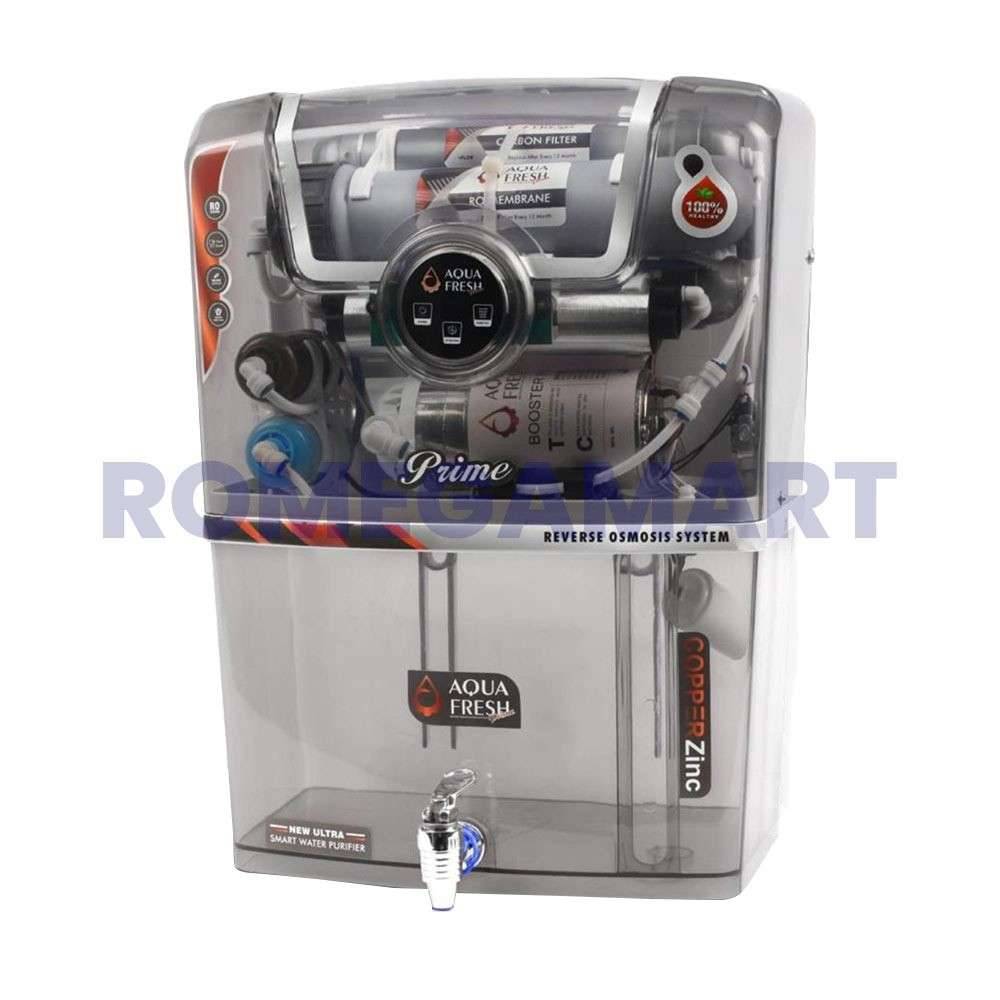 Aqua Fresh Prime RO+UV+UF+TDS+ALKLINE+COPPER+MINERAL Copper Zinc Grey Trnsparent Body 12 Liter Storage Water Purifier - GTB JI WATER SOLUTIONS