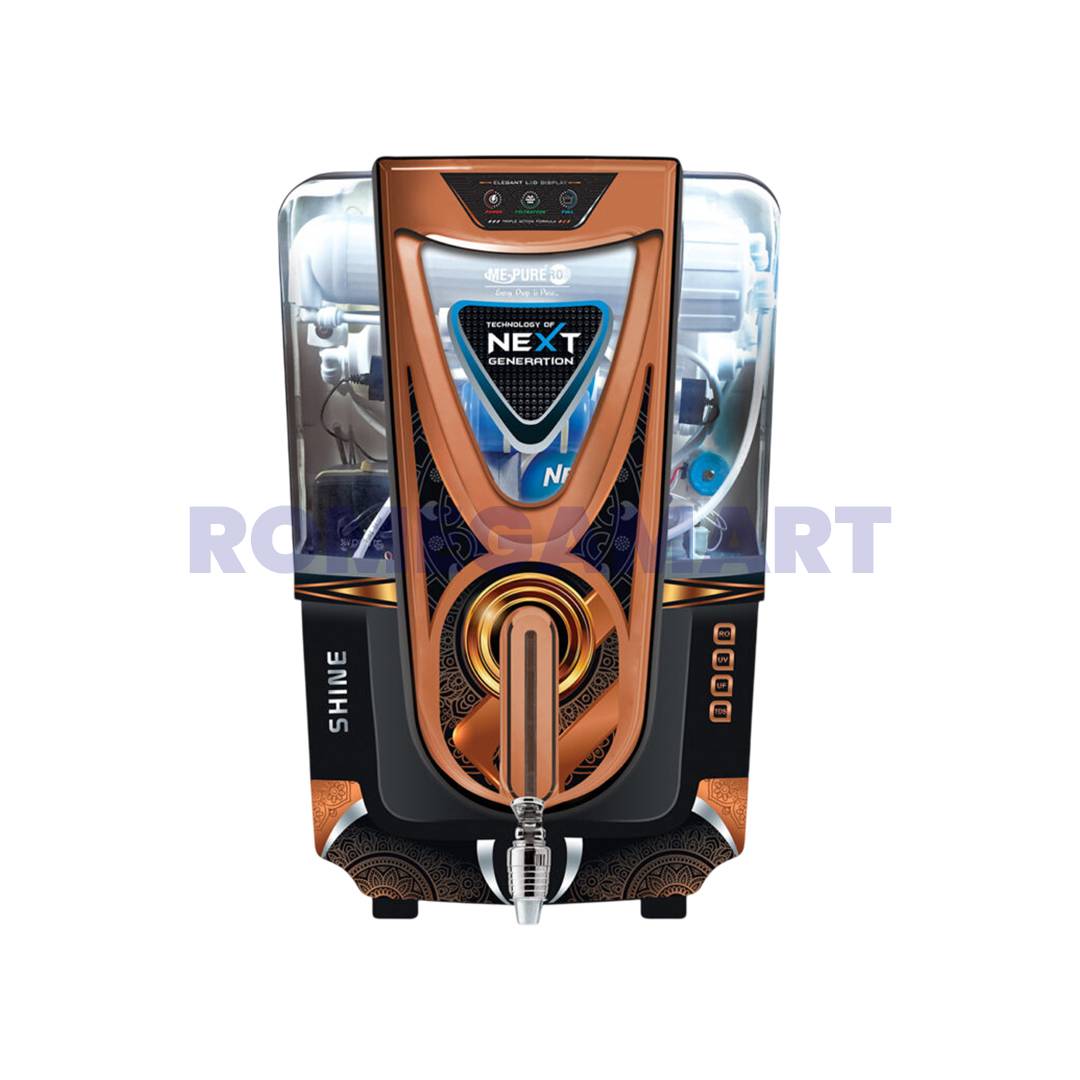 Mepure Shine RO+UV+UF+ZINC+COPPER+ALKALINE+TDS Copper Transparent Color Smart LED Display 12 Liter Storage ABS Plastic Material Suitable For Domestic Water Purifier - Mepure RO Systems Pvt Limited