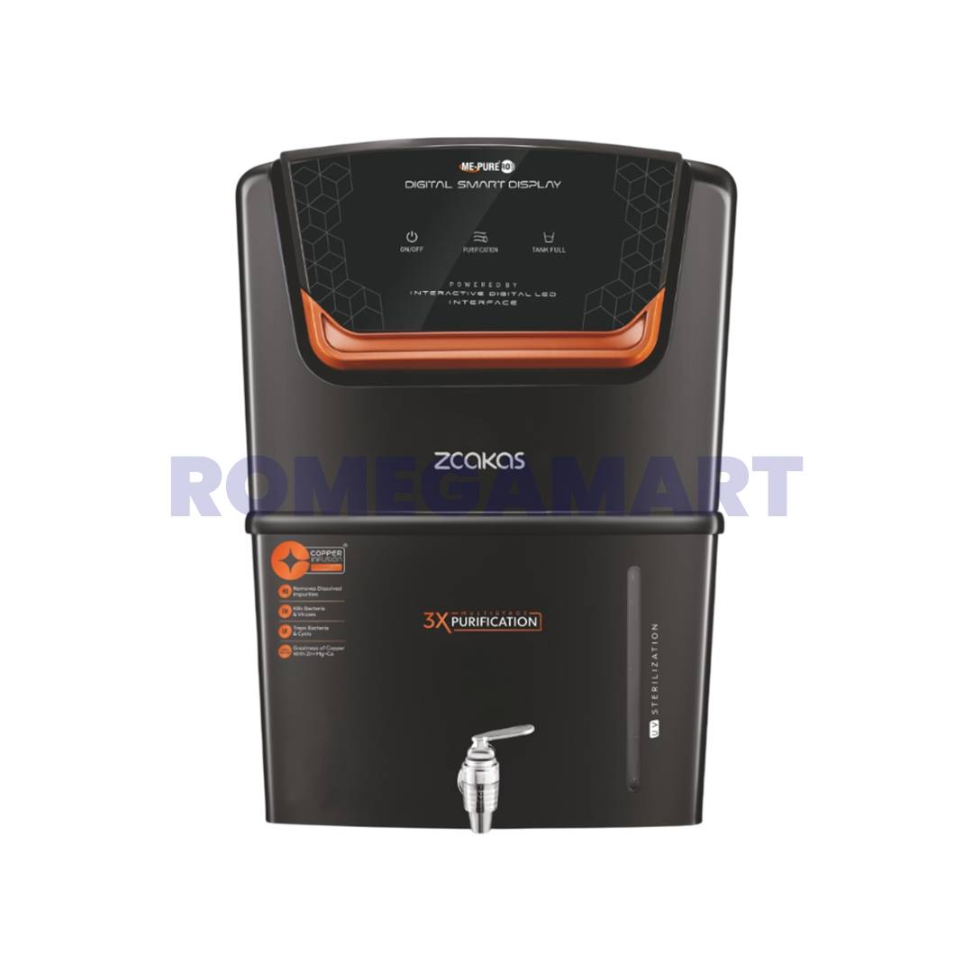 Mepure Zaakas RO+UV+UF+ZINC+COPPER+ALKALINE+TDS Black Color Smart LED Display 12 Liter Storage ABS Plastic Material Suitable For Domestic Water Purifier - Mepure RO Systems Pvt Limited