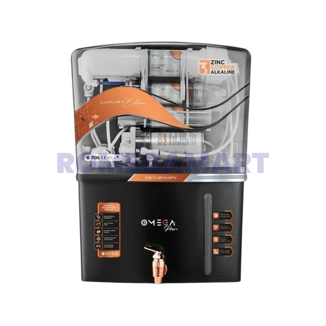 Omega Pro Plus Water Purifier ABS Plastic RO + UV + UF + TDS Controller + Mineral+Copper+Zinc Black Color Domestic 12 Liter Storage - RK ENTERPRISES
