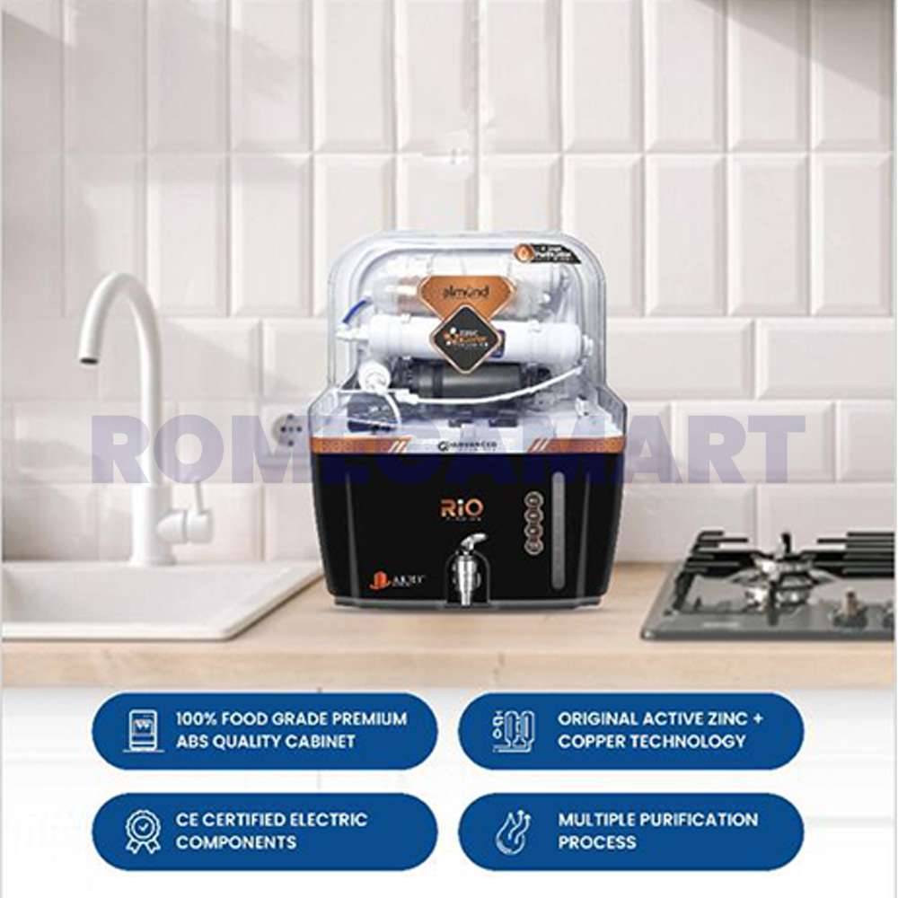 Rio Copper Almond Plush 12 Liter Storage RO+UV+UF+ALKLINE+TDS Black With Transparent Color Domestic RO Water Purifier - GTB JI WATER SOLUTIONS