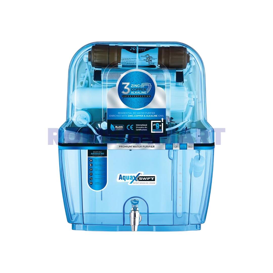 AquaX Swift Water Purifier RO+UV+UF+ZINC+COPPER+ALKALINE+TDS Blue Transparent Color 12 Liter Storage ABS Plastic Material Suitable For Domestic Use - Kasuti Infotech Solution