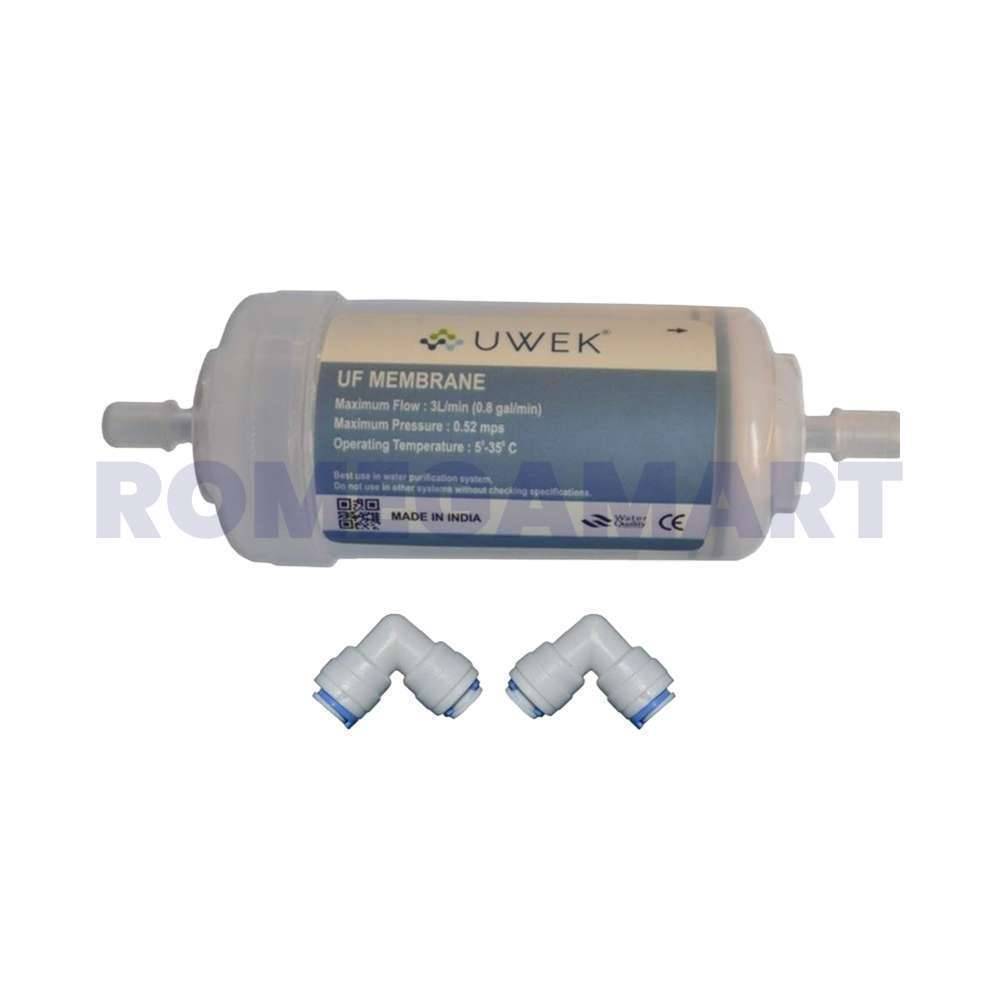 UWEK 4 Inch UF Membrane Filter Cartridge Hollow Fiber 0.001 Micron with 2 Pcs Push Fit Elbow - CO ORBITAL INDIA
