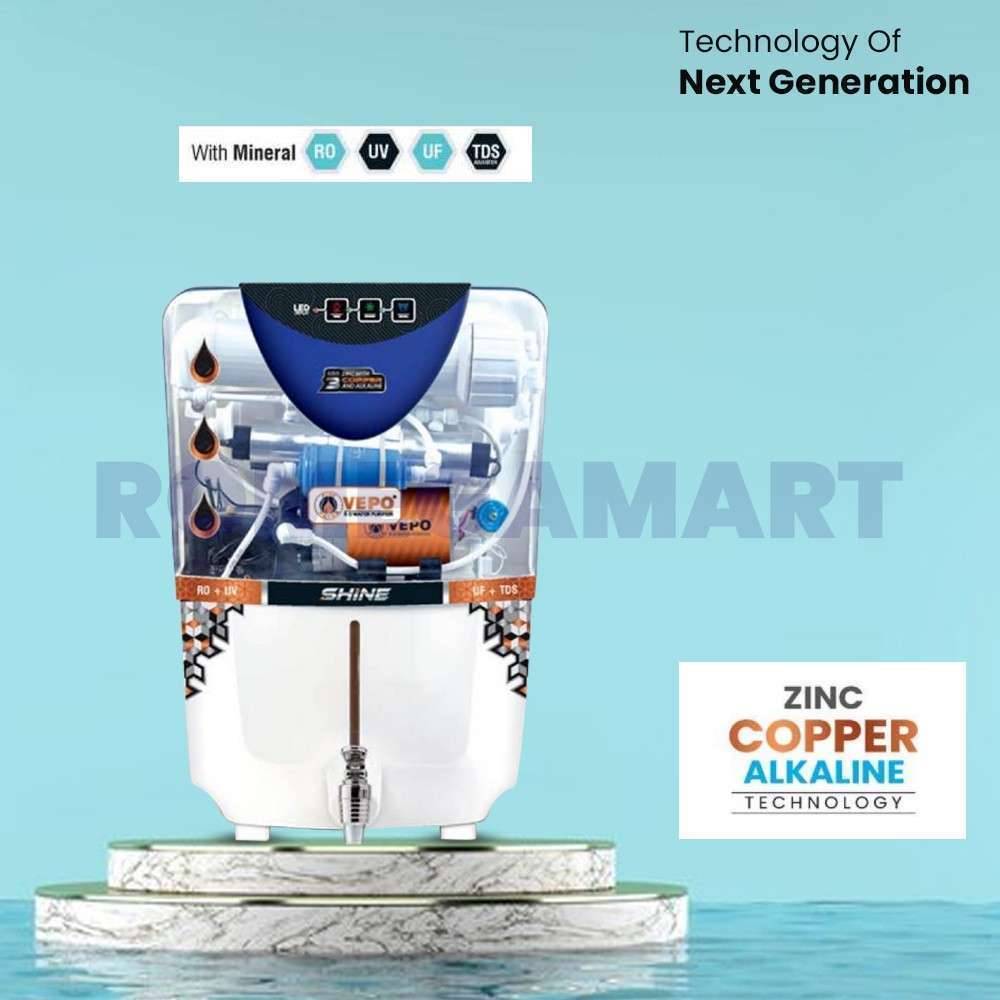 Vepo Shine With Transparent Body With LED Indicator Zinc+Copper+Alkaline 10 Liter Storage Water Purifier White - PRUDENCE MARKETING PRIVATE LIMITEDPLTTAKRWVR