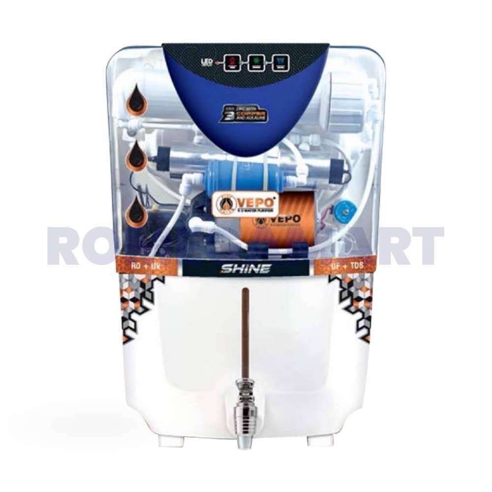 Vepo Shine 10L water purifier with Zinc, Copper, and Alkaline filtration. White with transparent body and LED indicator. Ideal for domestic use.