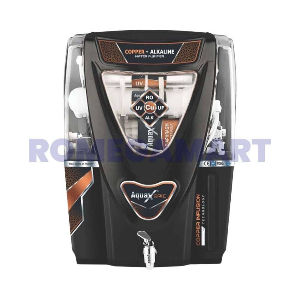 AquaX Epic 12 Liter Storage RO+UV+UF+CU+ALK Black Color Water Purifier - EARTH RO SYSTEM 
