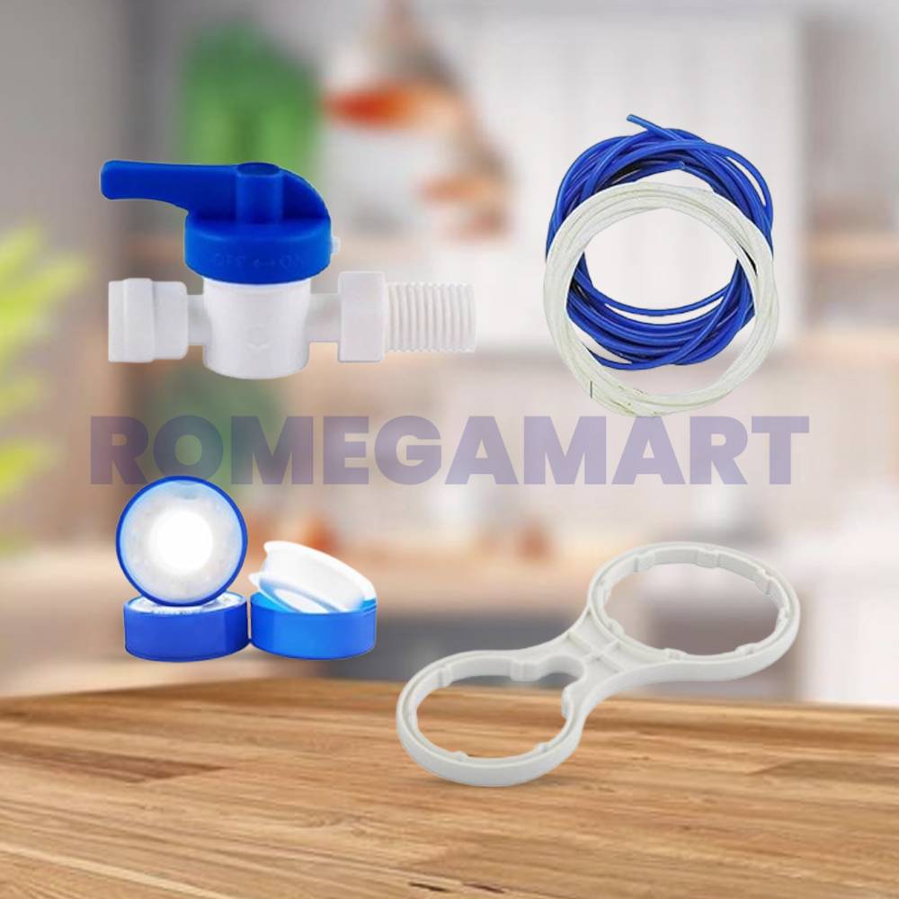 Liv Drop 1/4 Inch Plastic Inlet Ball Valve 3 Teflon Tape Double Sided 1 Wrench Key With 5-5 meter white With Blue Pipe or All Type of RO Water Purifier Combo Set of 4 Products - RO System India