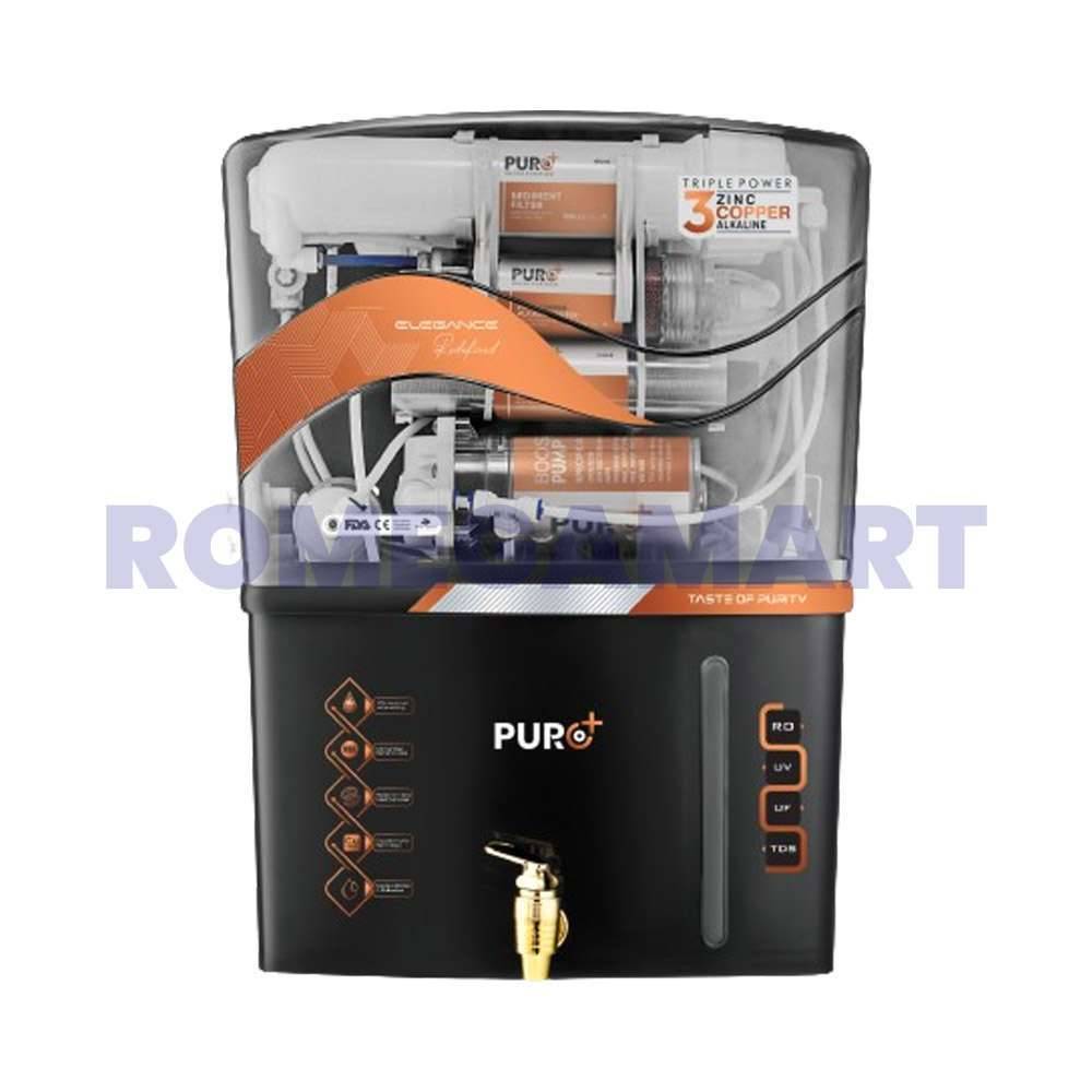 Puro Plus RO Water Purifer RO+UV+COPPER+ALKLINE+TDS  Black Transparent Body 12 Liter Storage ABS Plastic Material Domestic Use - JAZZ PURE WATER SOLUTIONS