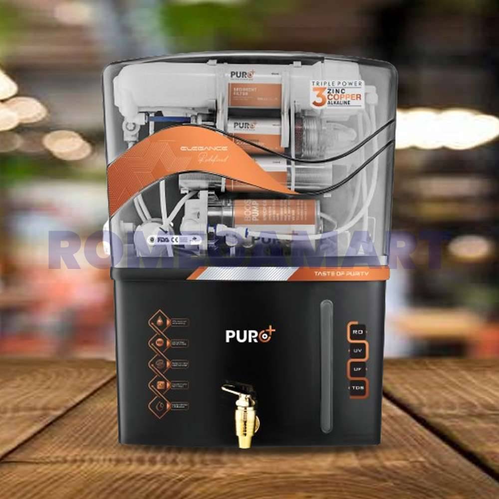 Puro Plus RO Water Purifer RO+UV+UF+ALKLINE+TDS Black Transparent Body 12 Liter Storage ABS Plastic Material Domestic Use - GTB JI WATER SOLUTIONS