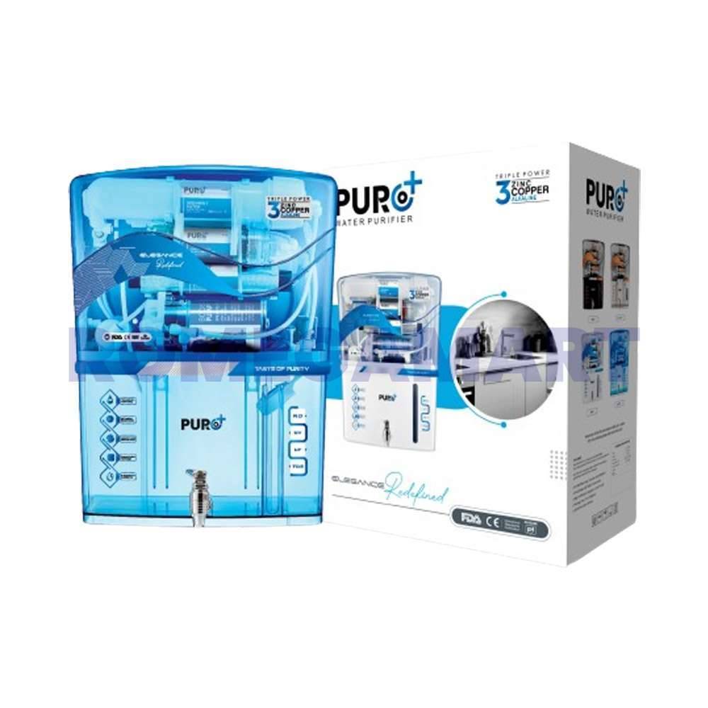 Puro Plus RO Water Purifer RO+UV+COPPER+ALKLINE+TDS  Blue Transparent Body 12 Liter Storage ABS Plastic Material Domestic Use - JAZZ PURE WATER SOLUTIONS